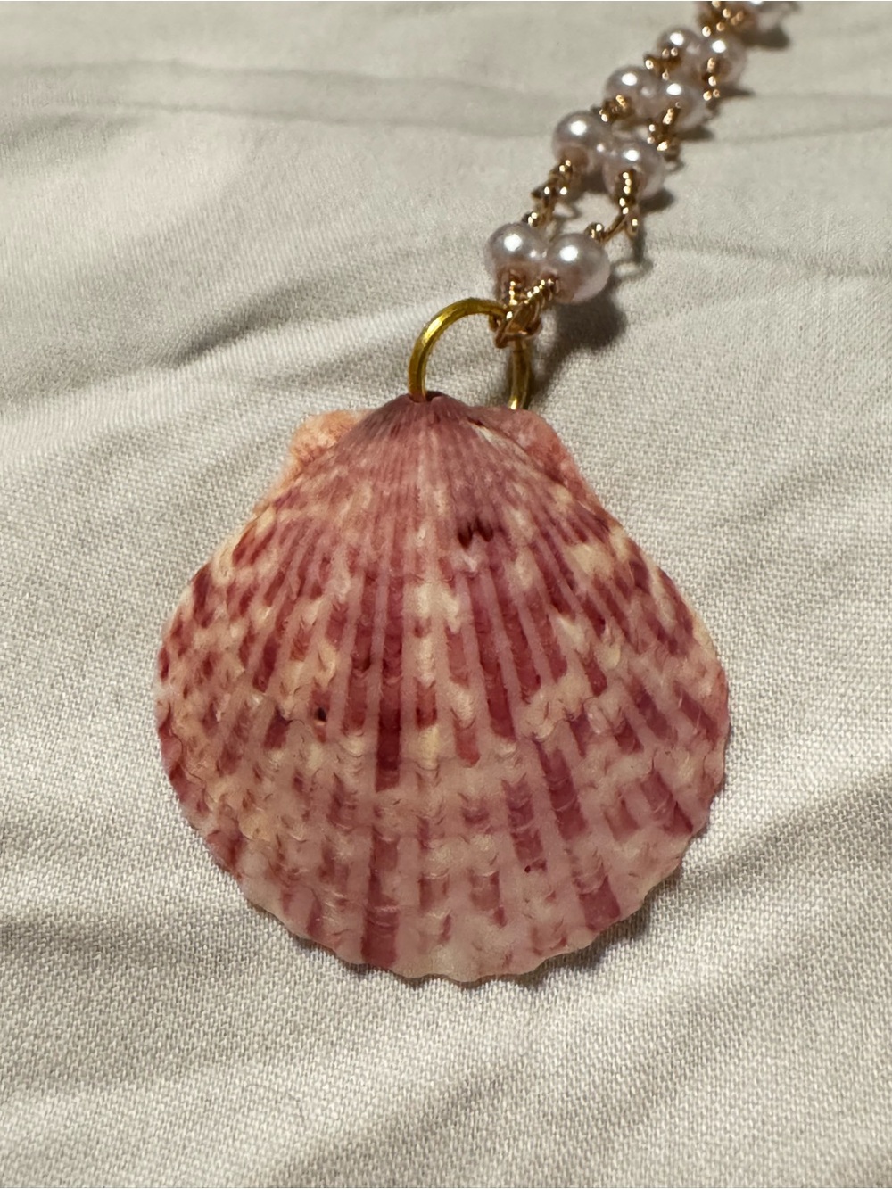 Gold Pearl Chain Necklace with Pink Shell Pendant - Picture 11 of 12